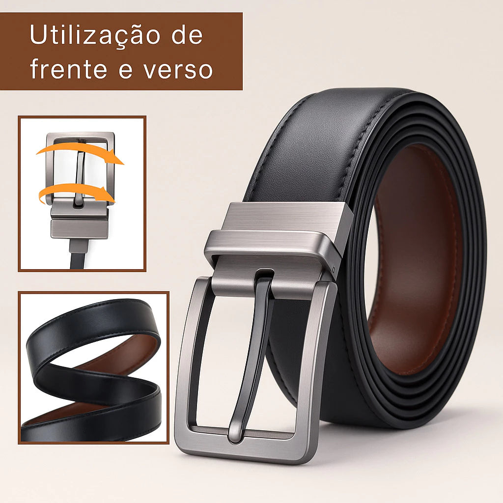 COMBO 2x Cintos Dupla Face com Fivela Giratória (1 Preto + 1 Marrom)